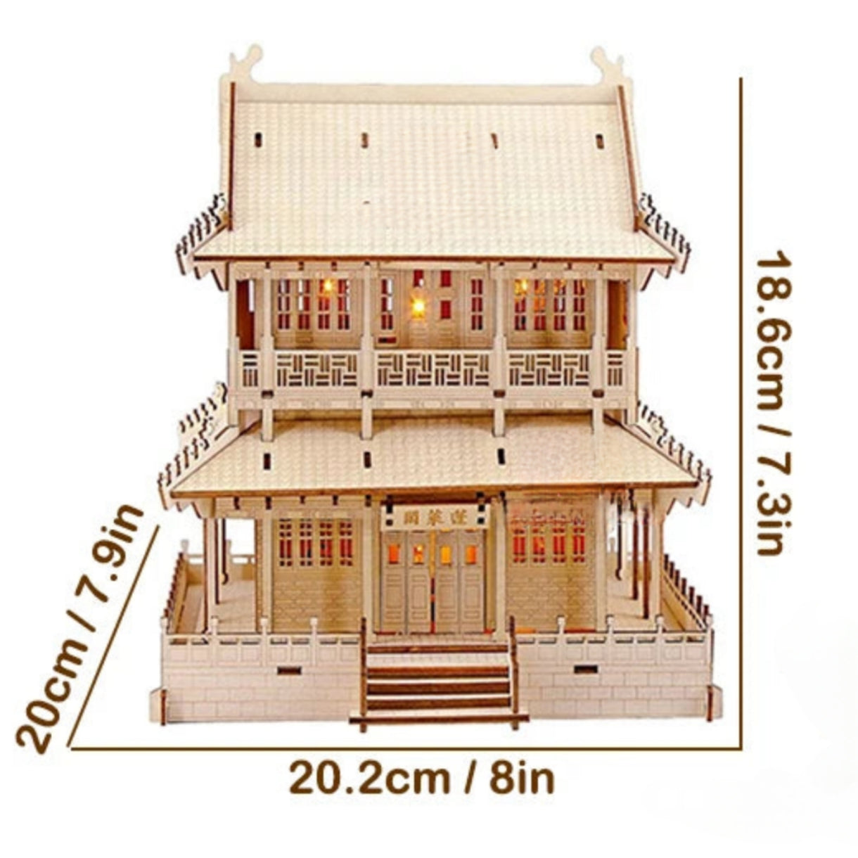 Rompecabezas 3D de una casa tradicional china con iluminación