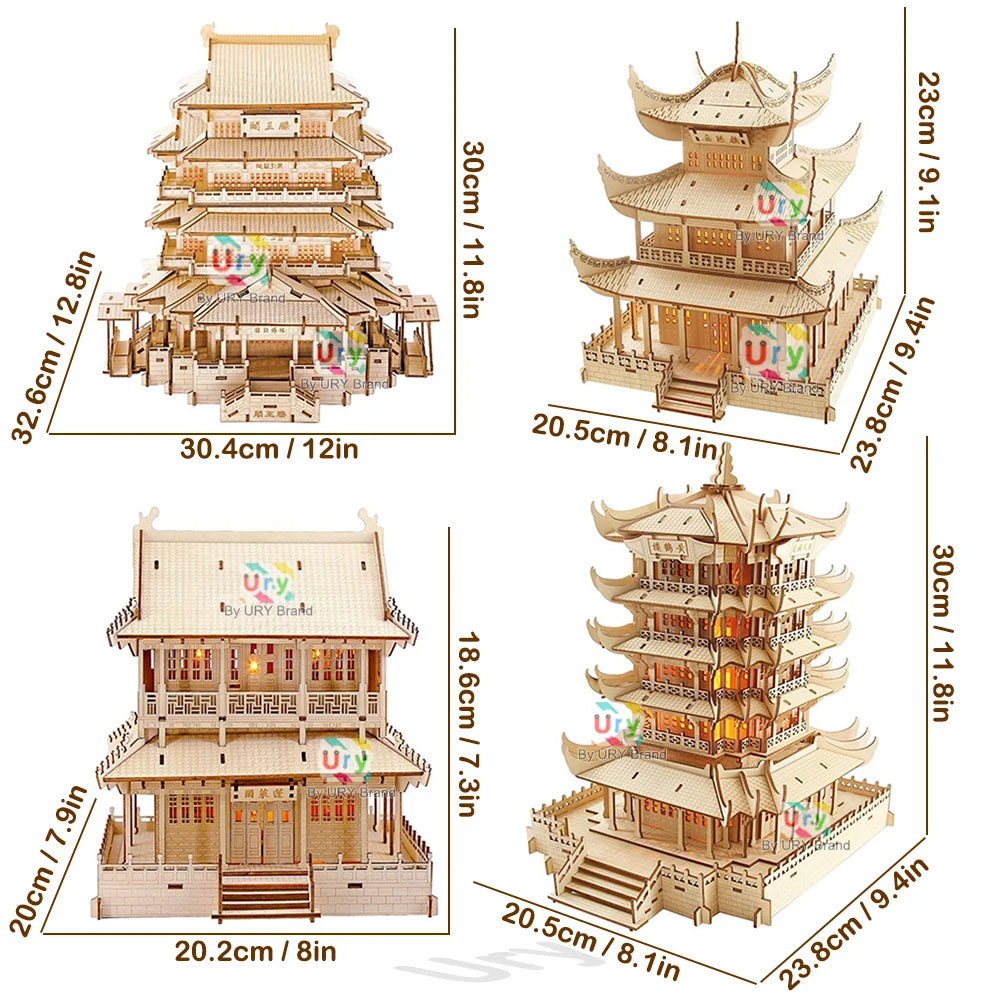 Pagoda de madera 3D de 3 niveles con iluminación