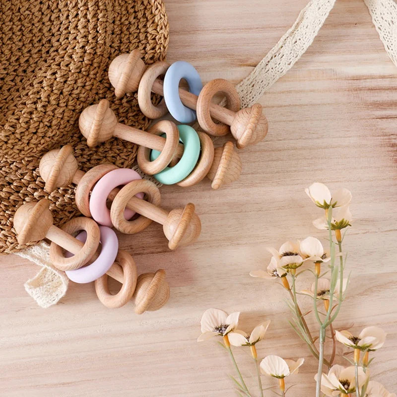 Wooden and Silicone Baby Teething Toy Chewable Rattle