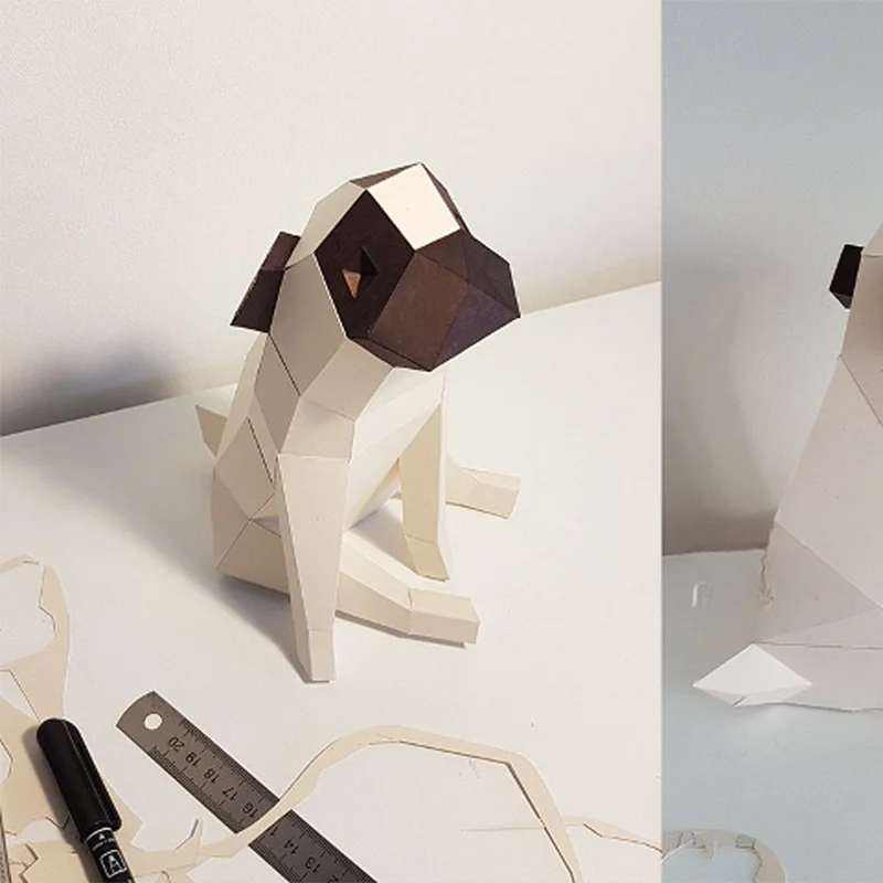 20 cm Origami Pug Dog 3D Paper Sculpture to Assemble DIY