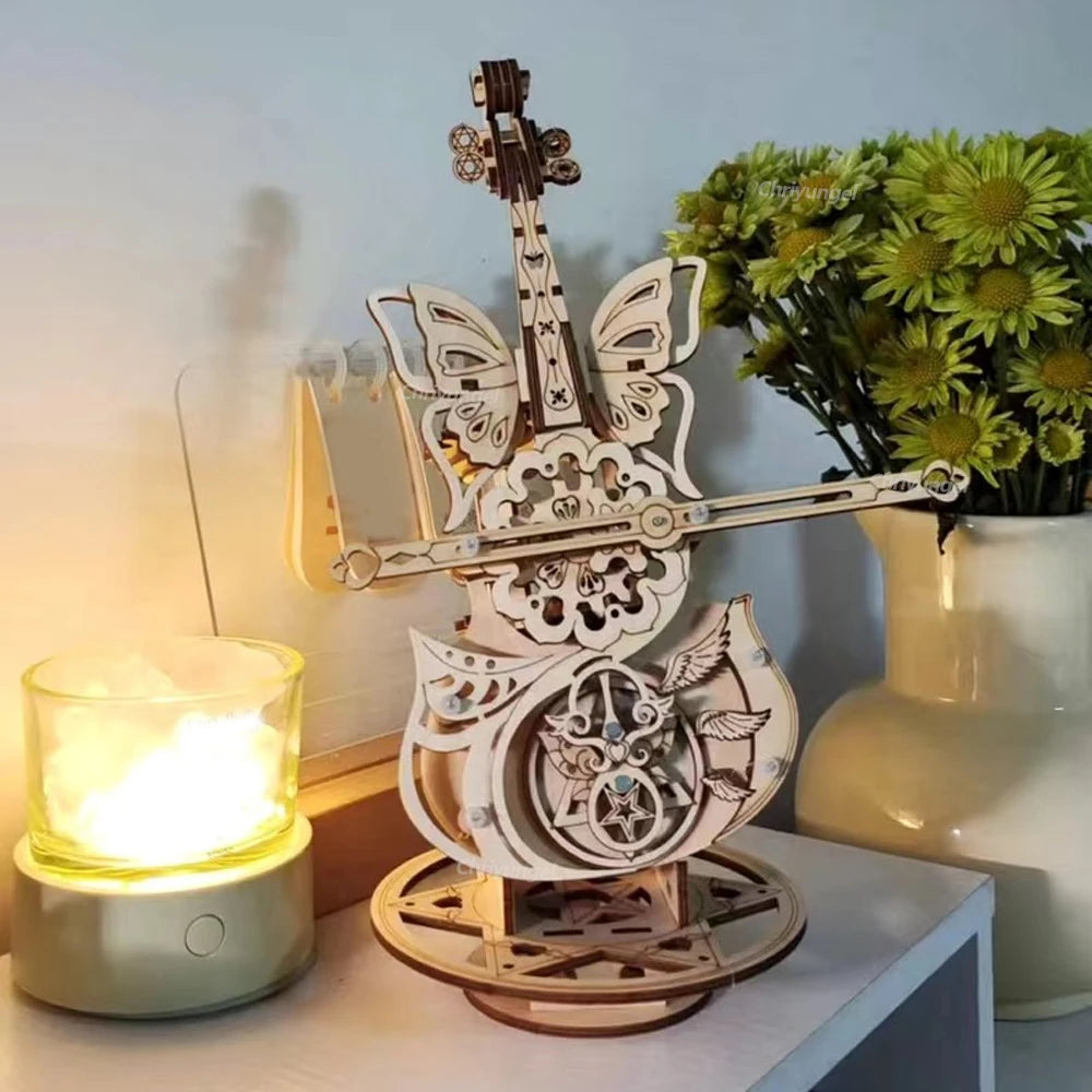 Rompecabezas de madera 3D Violín Caja de música mecánica y eléctrica