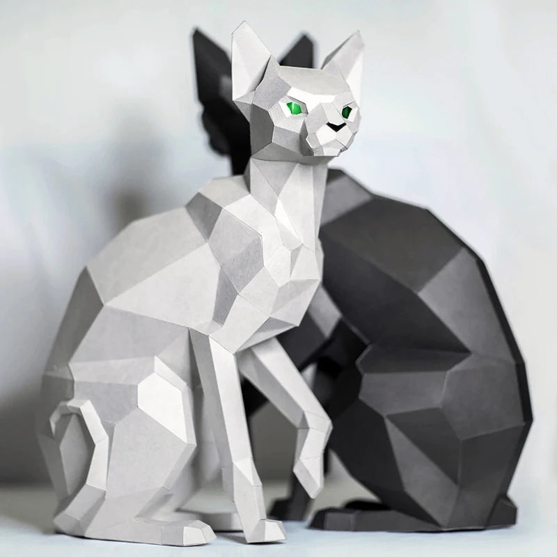 Escultura de papel 3D de gatos siameses de origami de 43 cm para armar.