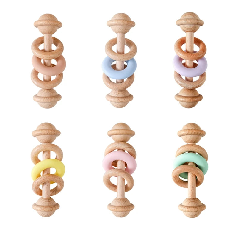 Wooden and Silicone Baby Teething Toy Chewable Rattle