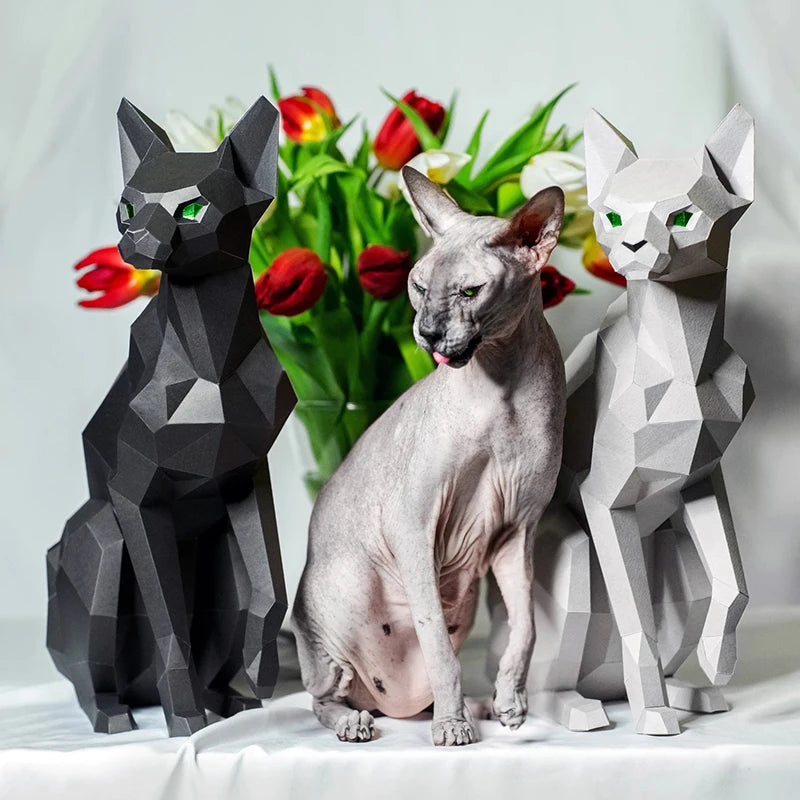 Escultura de papel 3D de gatos siameses de origami de 43 cm para armar.