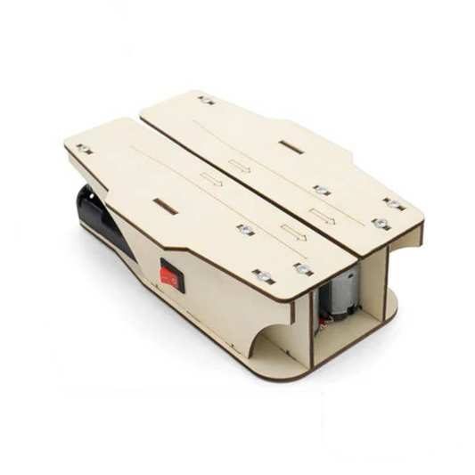 Rompecabezas eléctrico de madera 3D con avión de papel y catapulta.