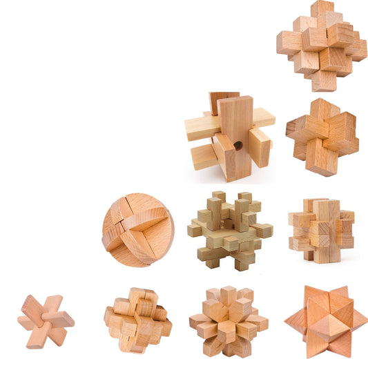 Set of 10 3D Wooden Chinese Puzzles 4.5x4.5x4.5cm