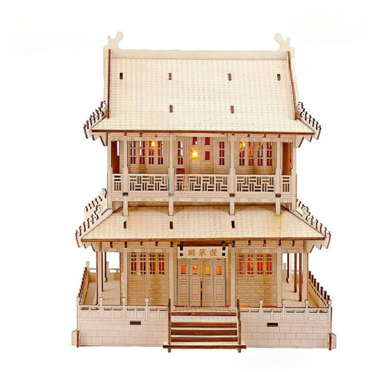 Rompecabezas 3D de una casa tradicional china con iluminación