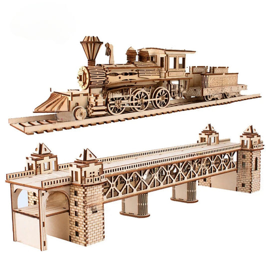 Tren, locomotora o puente de madera en 3D