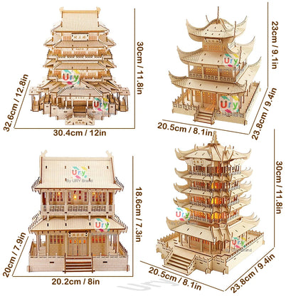 Pagoda de madera 3D de 3 niveles con iluminación