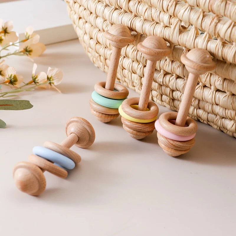 Juguete de dentición para bebé de madera y silicona, sonajero masticable