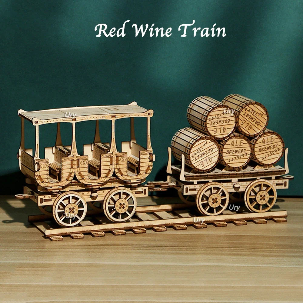 Trenes y vagones de locomotora de madera en 3D