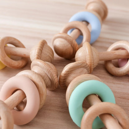 Juguete de dentición para bebé de madera y silicona, sonajero masticable