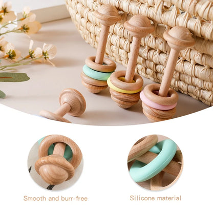 Juguete de dentición para bebé de madera y silicona, sonajero masticable
