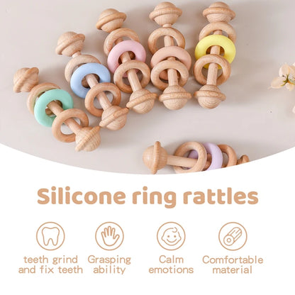 Juguete de dentición para bebé de madera y silicona, sonajero masticable