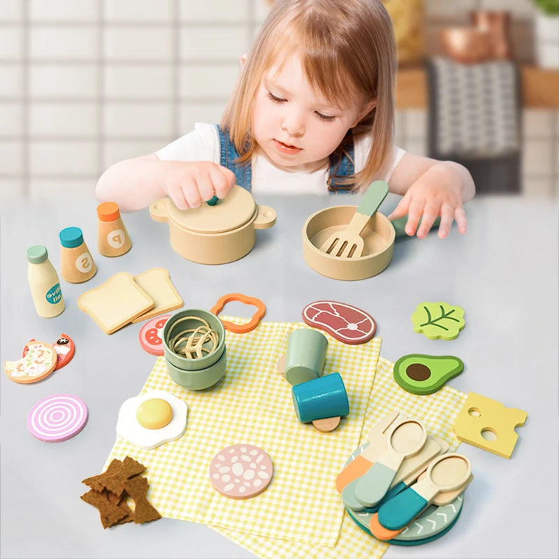 Jouet Ensemble Vaisselle Repas en Bois Dinette Montessori