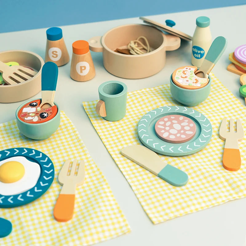 Jouet Ensemble Vaisselle Repas en Bois Dinette Montessori