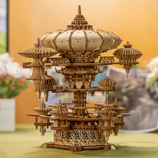 Caja de música de castillo de rompecabezas de madera 3D