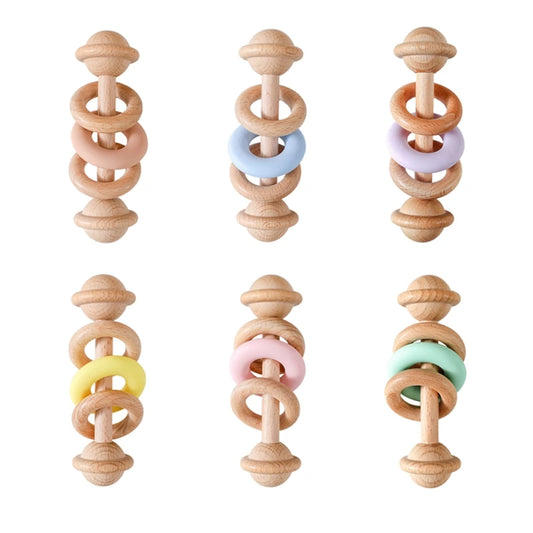 Wooden and Silicone Baby Teething Toy Chewable Rattle